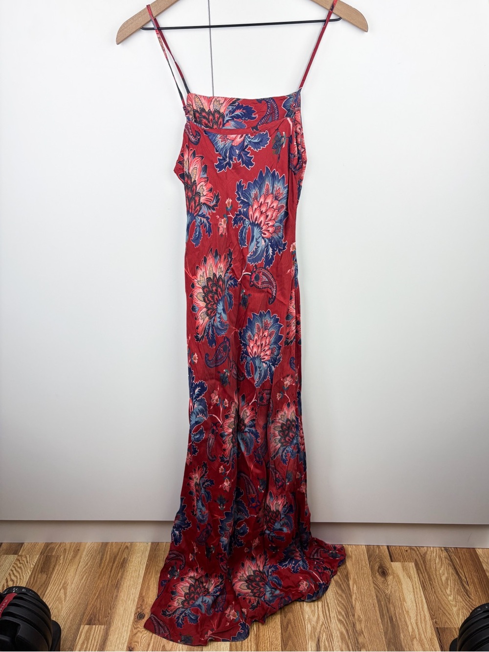 Farm Rio Luang Red Maxi Dress Blue Tropical Floral Bias Slip Resort Aloha Small - Picture 7 of 9